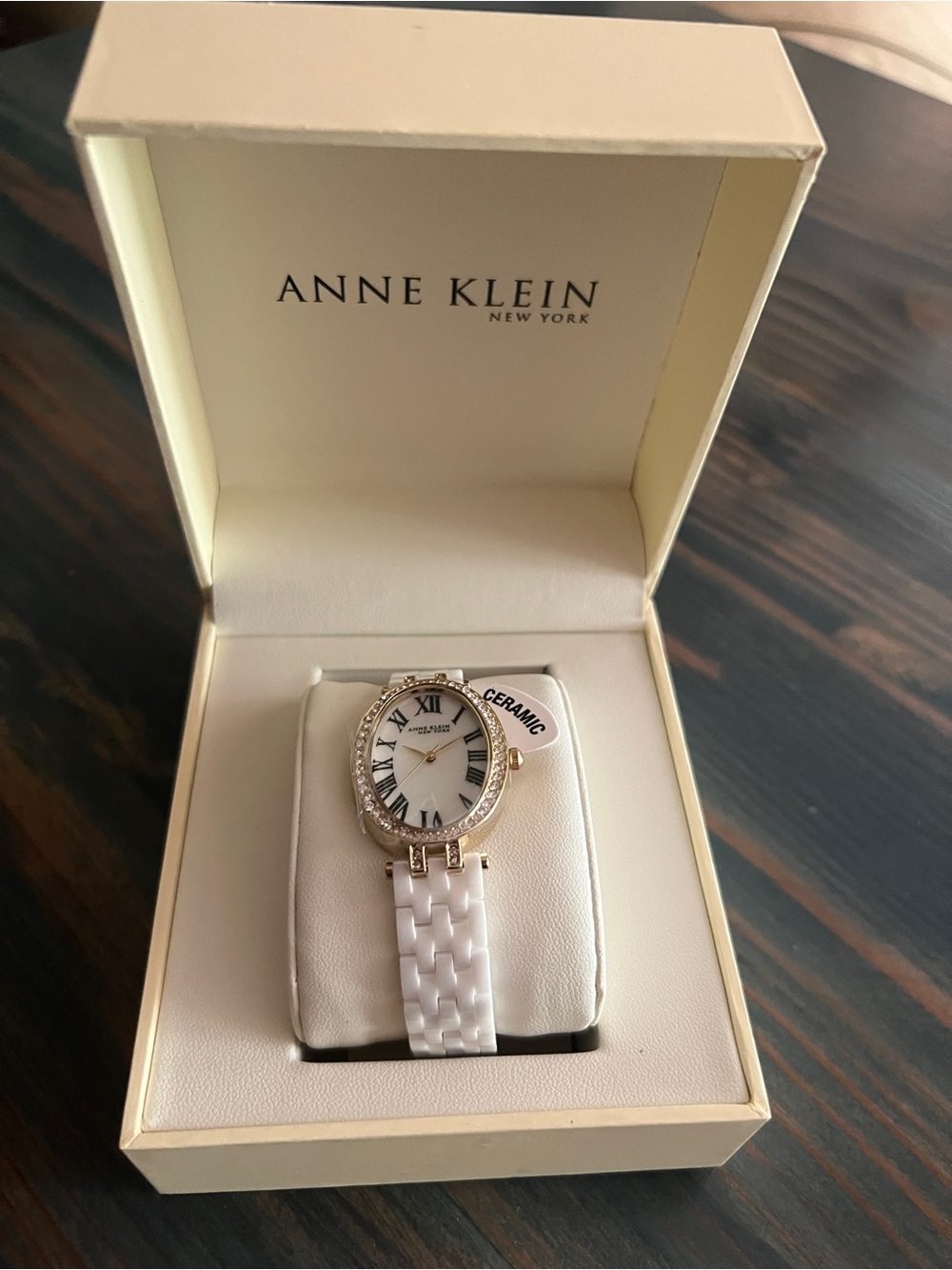 Anne Klein White Ceramic Watch with Gold Crystal Bezel